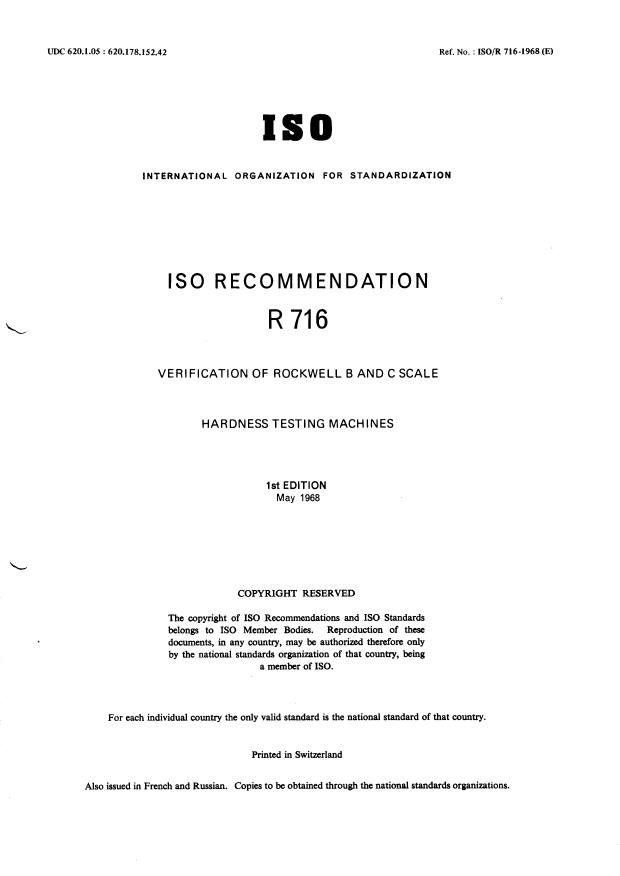 ISO/R 716:1968 ISO/R 716:1968 - Verification of Rockwell B and C scale hardness testing machines - Page 1 preview