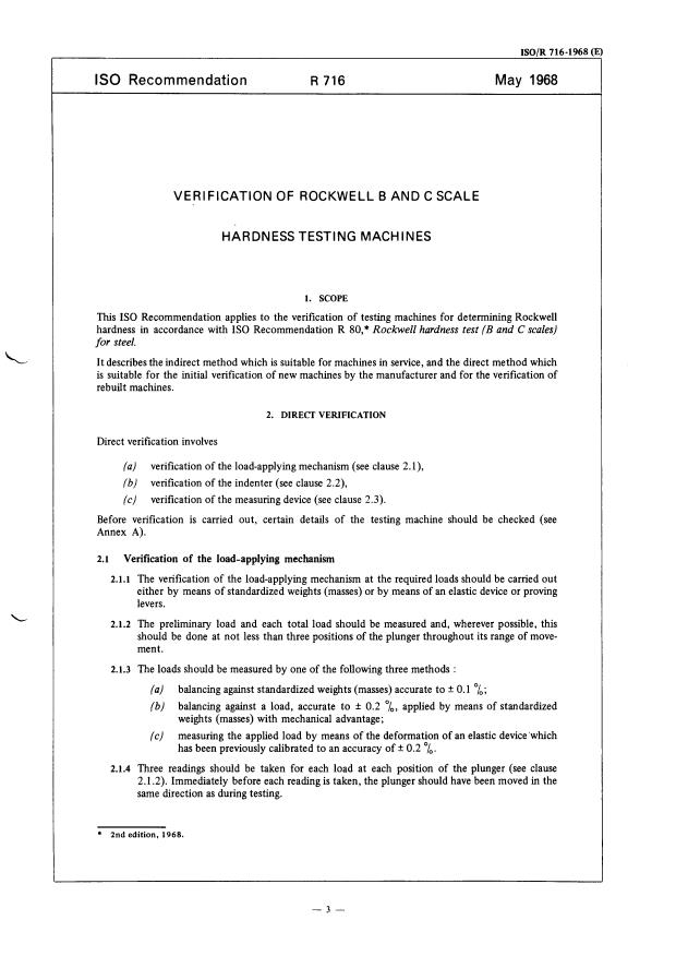 ISO/R 716:1968 ISO/R 716:1968 - Verification of Rockwell B and C scale hardness testing machines - Page 3 preview