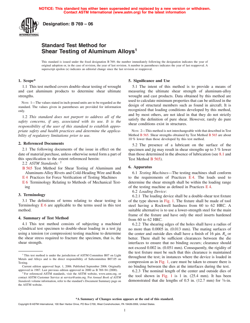 ASTM B769-06 - Standard Test Method for Shear Testing of Aluminum Alloys