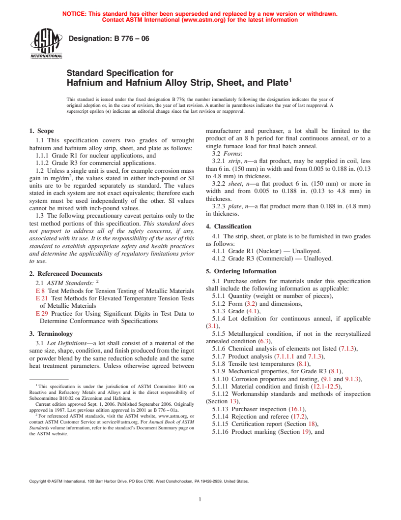 ASTM B776-06 - Standard Specification for Hafnium and Hafnium Alloy Strip, Sheet, and Plate