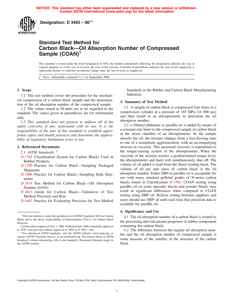 ASTM D3493-06e1 - Standard Test Method for Carbon Black-Oil Absorption Number of Compressed Sample (COAN)