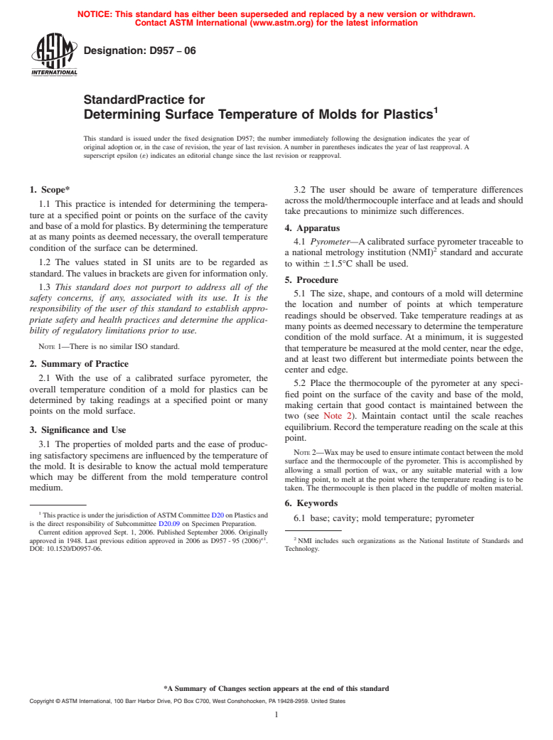 ASTM D957-06 - Standard Practice for Determining Surface Temperature of Molds for Plastics