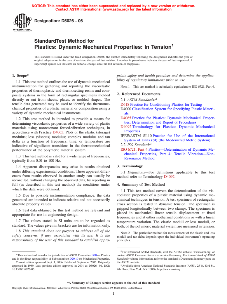 ASTM D5026-06 - Standard Test Method for Plastics: Dynamic Mechanical Properties: In Tension