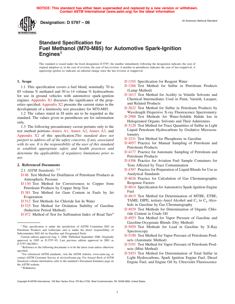 ASTM D5797-06 - Standard Specification for Fuel Methanol (M70-M85) for Automotive Spark-Ignition Engines