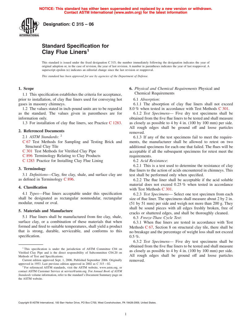 ASTM C315-06 - Standard Specification for Clay Flue Liners