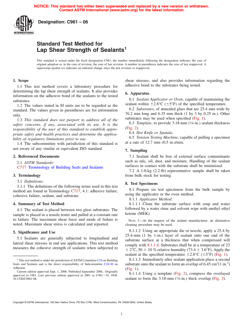 ASTM C961-06 - Standard Test Method for Lap Shear Strength of Sealants