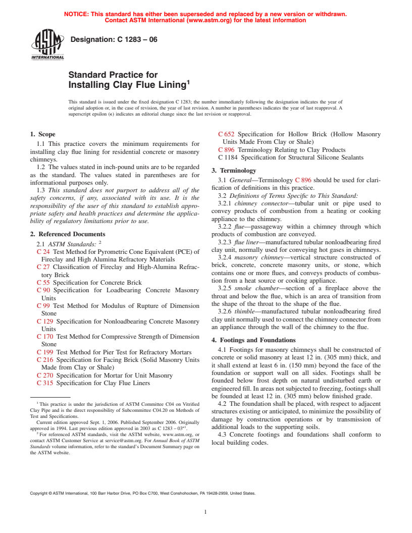 ASTM C1283-06 - Standard Practice for Installing Clay Flue Lining