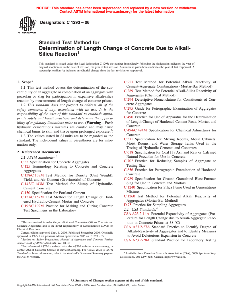 ASTM C1293-06 - Standard Test Method for Determination of Length Change of Concrete Due to Alkali-Silica Reaction