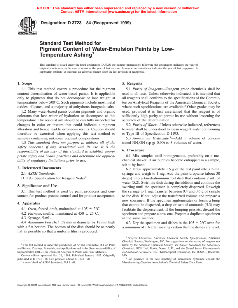 ASTM D3723-84(1999) - Standard Test Method for Pigment Content of Water-Emulsion Paints by Low-Temperature Ashing