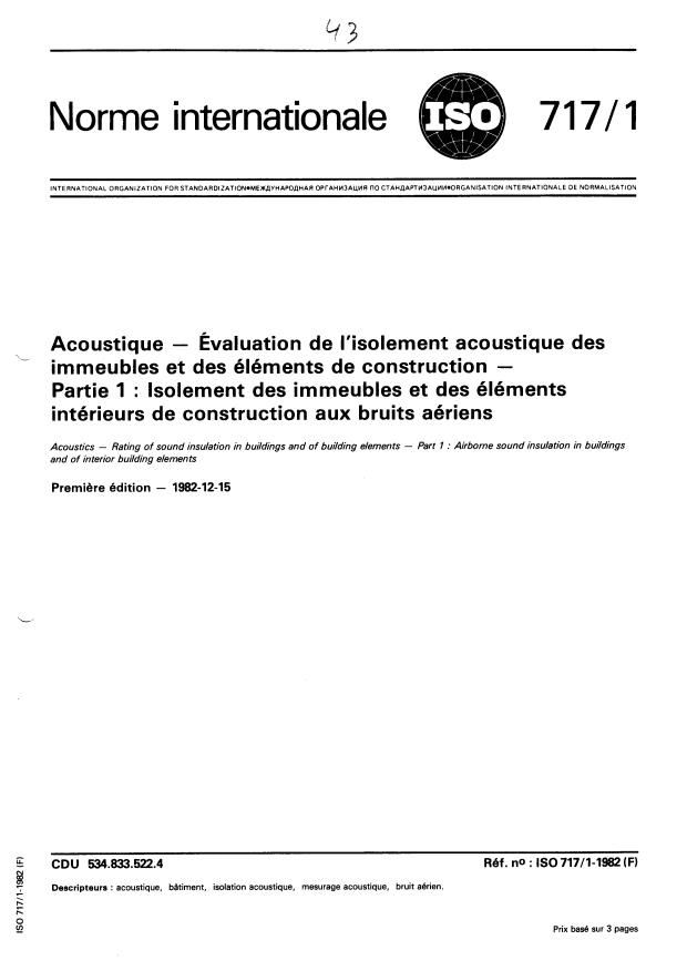 ISO 717-1:1982 - Acoustique -- Évaluation de l'isolement acoustique des immeubles et des éléments de construction