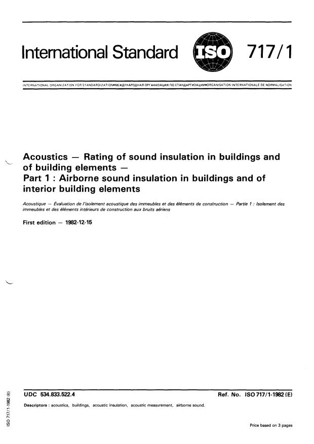ISO 717-1:1982 - Acoustics -- Rating of sound insulation in buildings and of building elements