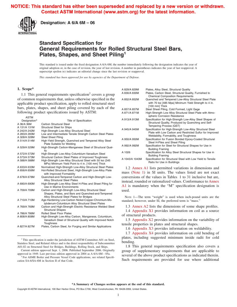 ASTM A6/A6M-06 - Standard Specification for General Requirements for Rolled Structural Steel Bars, Plates, Shapes, and Sheet Piling