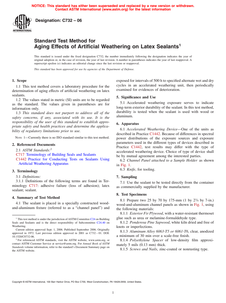 ASTM C732-06 - Standard Test Method for Aging Effects of Artificial Weathering on Latex Sealants