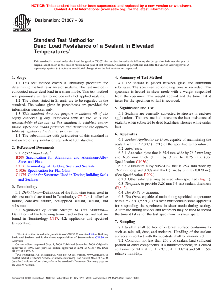 ASTM C1367-06 - Standard Test Method for Dead Load Resistance of a Sealant in Elevated Temperatures