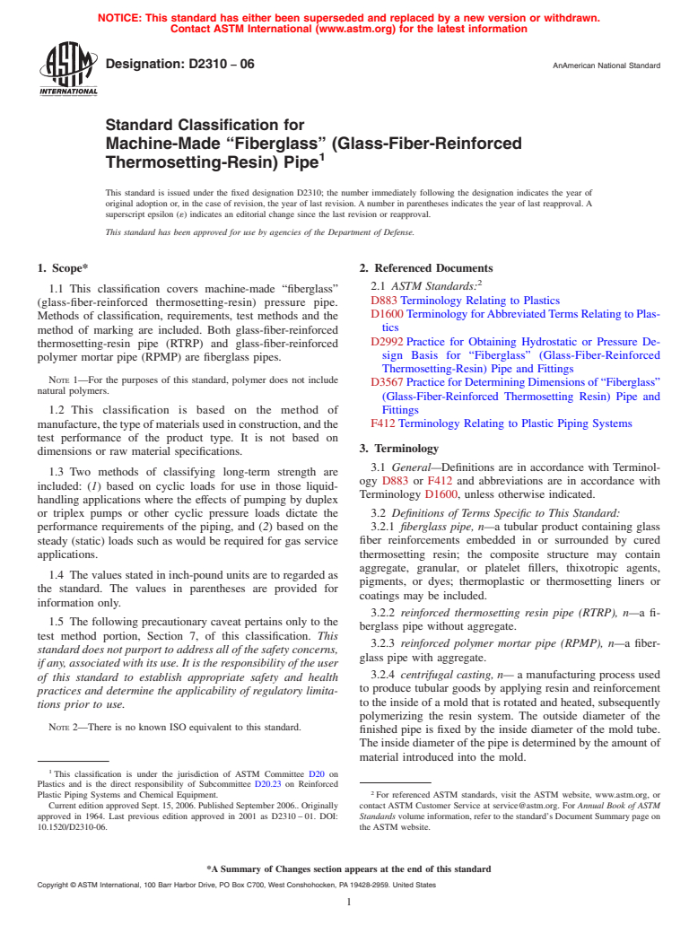 ASTM D2310-06 - Standard Classification for Machine-Made "Fiberglass" (Glass-Fiber-Reinforced Thermosetting-Resin) Pipe