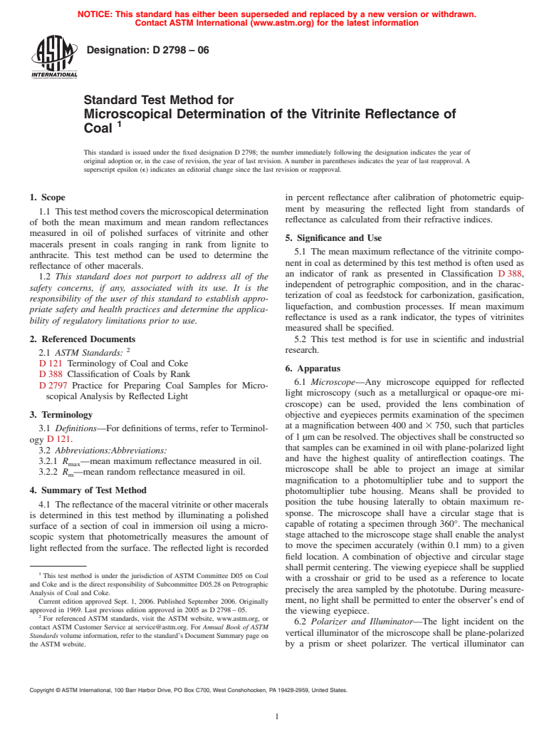 ASTM D2798-06 - Standard Test Method for Microscopical Determination of the Vitrinite Reflectance of Coal