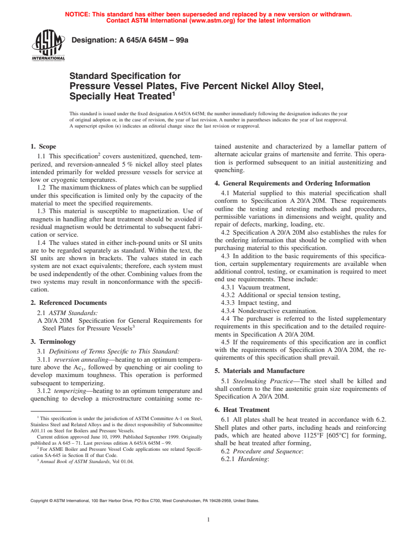 ASTM A645/A645M-99a - Standard Specification for Pressure Vessel Plates, Five Percent Nickel Alloy Steel, Specially Heat Treated
