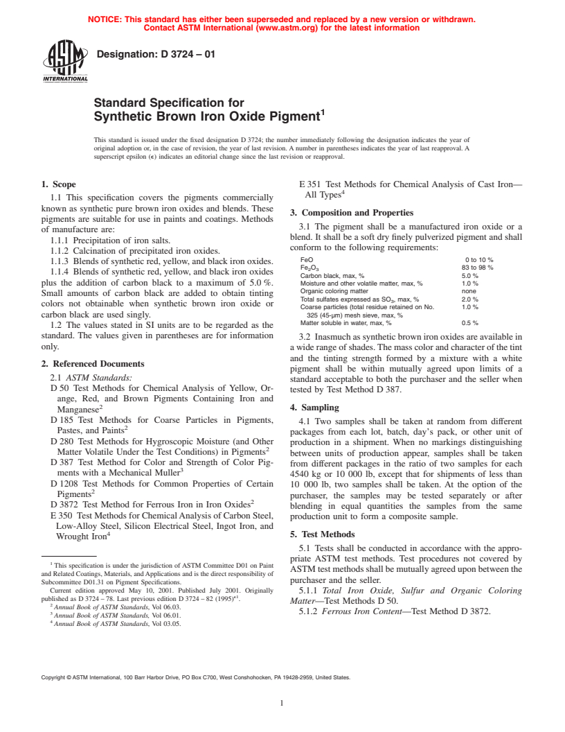 ASTM D3724-01 - Standard Specification for Synthetic Brown Iron Oxide Pigment