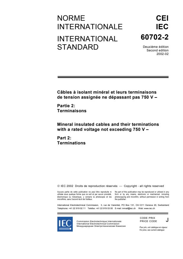 IEC 60702-2:2002 - Mineral insulated cables and their terminations with a rated voltage not exceeding 750 V - Part 2: Terminations