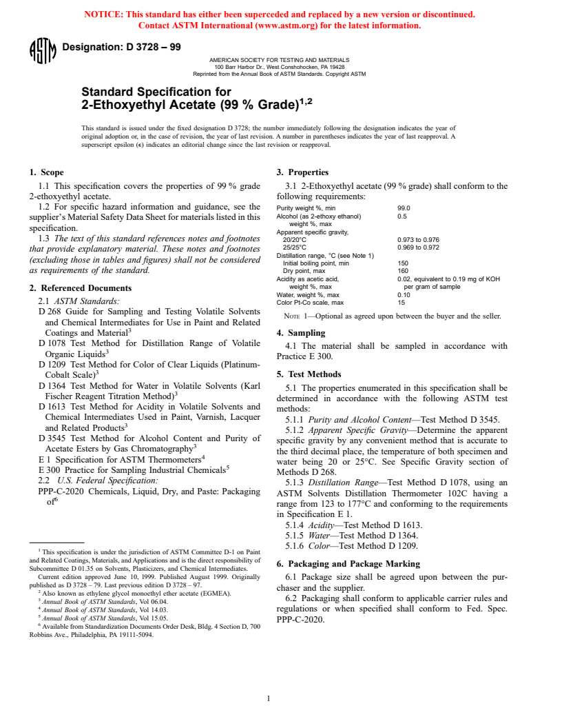 ASTM D3728-99 - Standard Specification for 2-Ethoxyethyl Acetate (99 % Grade)