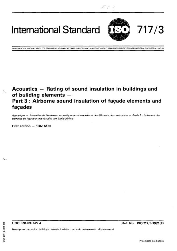 ISO 717-3:1982 - Acoustics -- Rating of sound insulation in buildings and of building elements