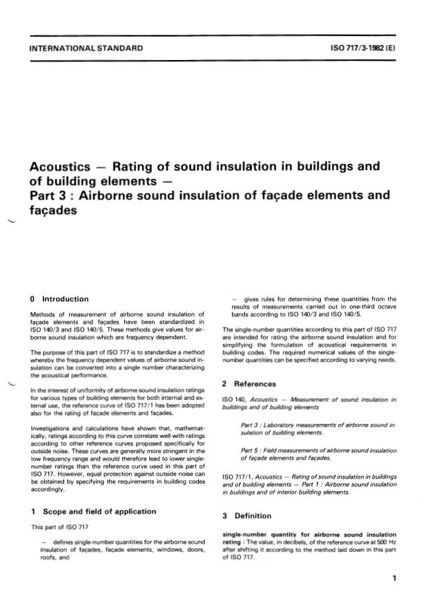 ISO 717-3:1982 - Acoustics -- Rating of sound insulation in buildings and of building elements