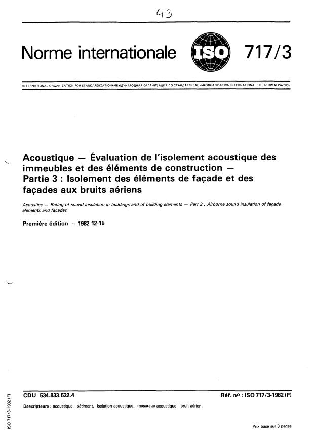 ISO 717-3:1982 - Acoustique -- Évaluation de l'isolement acoustique des immeubles et des éléments de construction