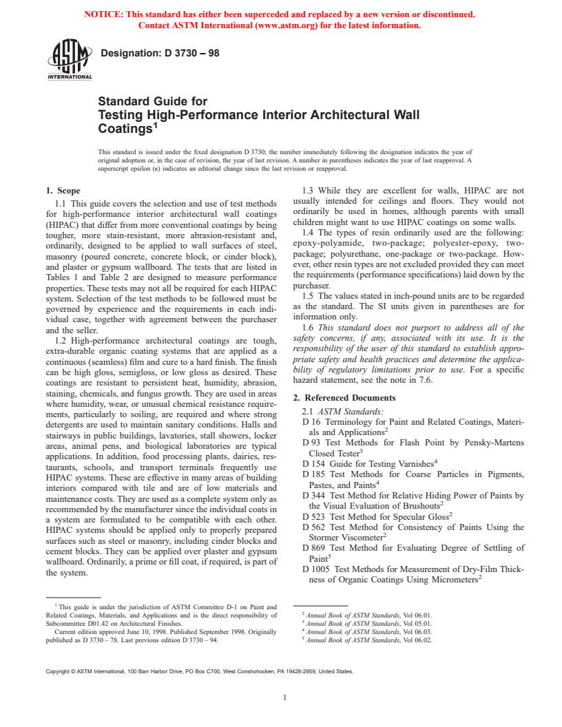 ASTM D3730-98 - Standard Guide for Testing High-Performance Interior Architectural Wall Coatings