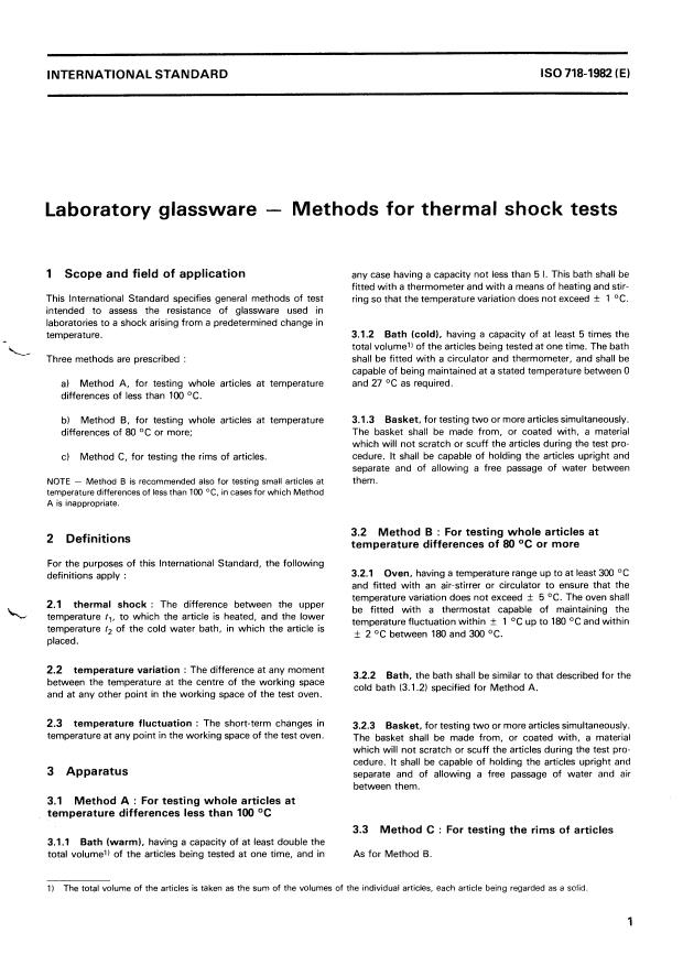ISO 718:1982 - Laboratory glassware -- Methods for thermal shock tests