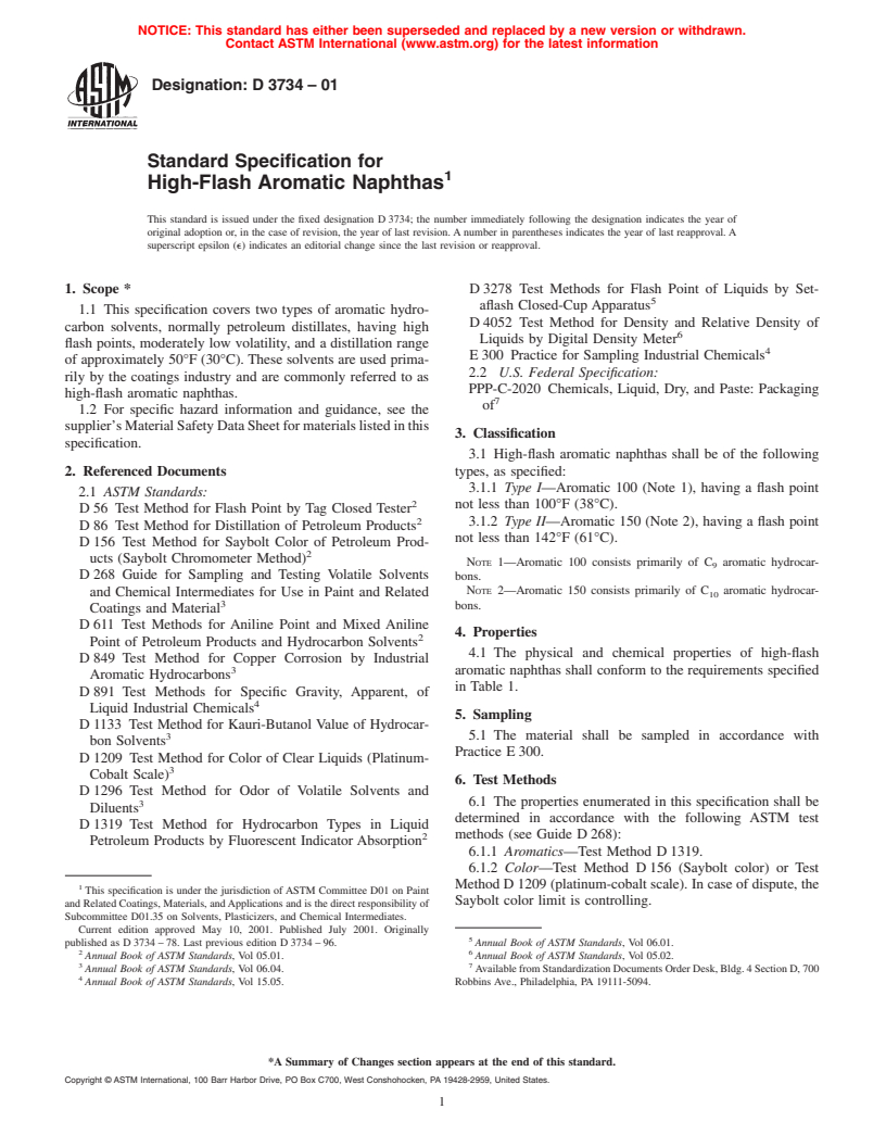 ASTM D3734-01 - Standard Specification for High-Flash Aromatic Naphthas