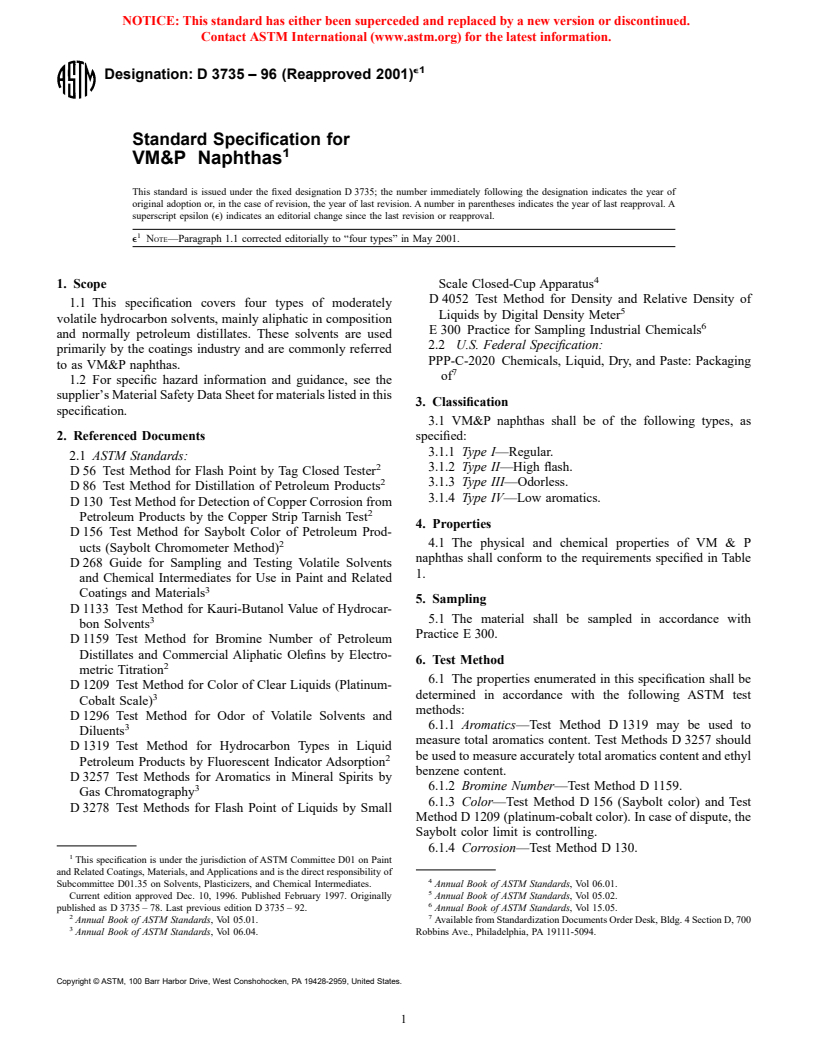 ASTM D3735-96(2001)e1 - Standard Specification for VM&P Naphthas