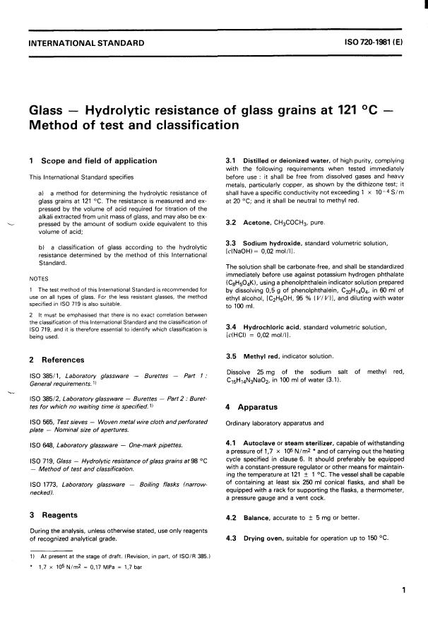 ISO 720:1981 - Glass -- Hydrolytic resistance of glass grains at 121 degrees C -- Method of test and classification