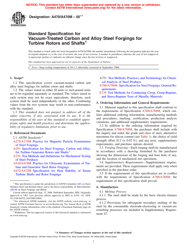 ASTM A470/A470M-05e1 - Standard Specification for Vacuum-Treated Carbon and Alloy Steel Forgings for Turbine Rotors and Shafts