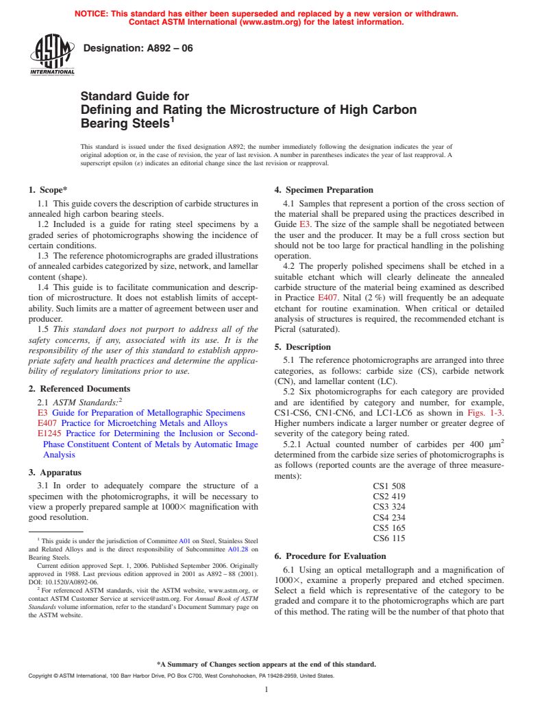 ASTM A892-06 - Standard Guide for Defining and Rating the Microstructure of High Carbon Bearing Steels