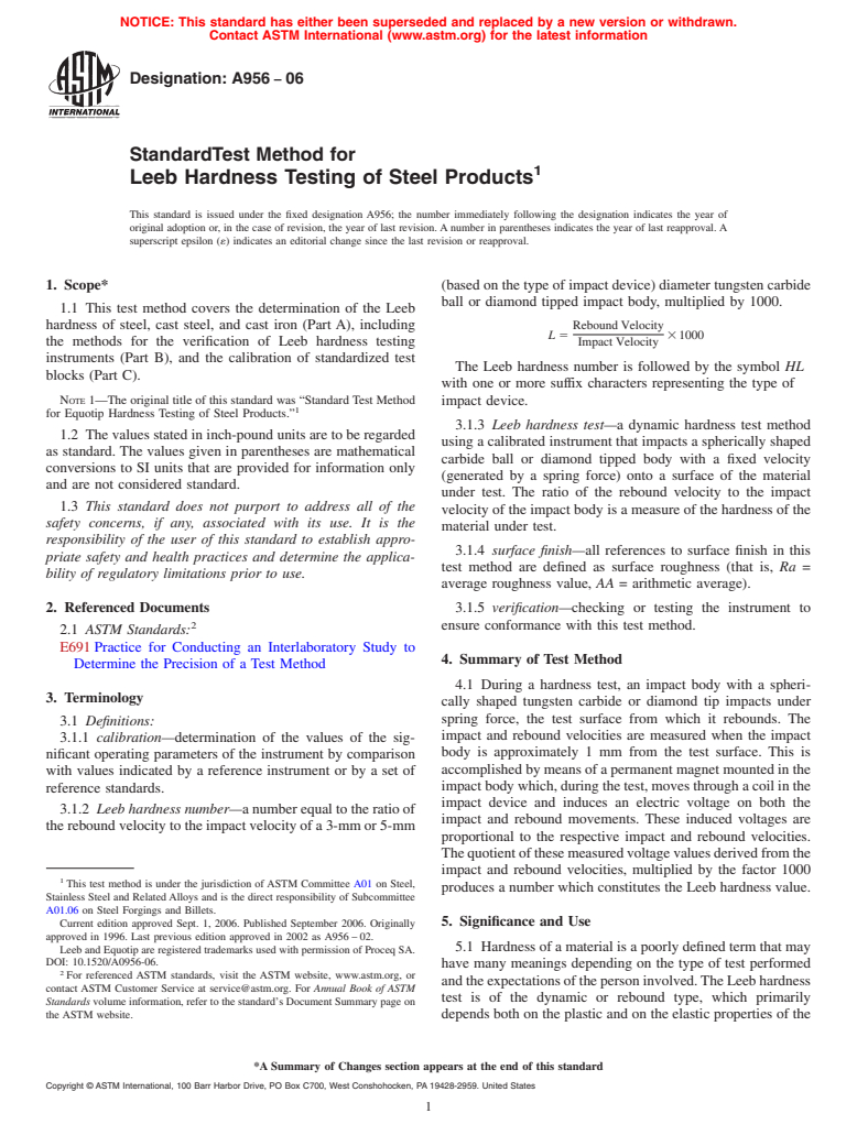 ASTM A956-06 - Standard Test Method for Leeb Hardness Testing of Steel Products