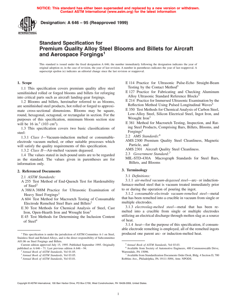 ASTM A646-95(1999) - Standard Specification for Premium Quality Alloy Steel Blooms and Billets for Aircraft and Aerospace Forgings