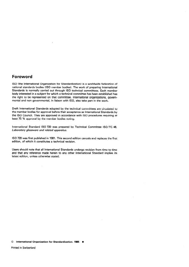 ISO 720:1985 ISO 720:1985 - Glass -- Hydrolytic resistance of glass grains at 121 degrees C -- Method of test and classification - Page 2 preview