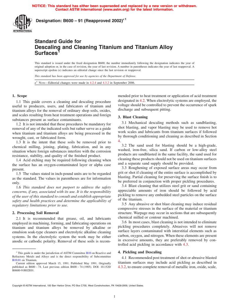 ASTM B600-91(2002)e1 - Standard Guide for Descaling and Cleaning Titanium and Titanium Alloy Surfaces