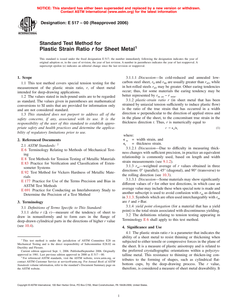 ASTM E517-00(2006) - Standard Test Method for Plastic Strain Ratio r for Sheet Metal