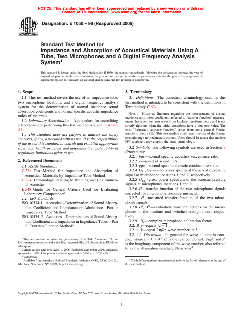 ASTM E1050-98(2006) - Standard Test Method for Impedance and Absorption of Acoustical Materials Using A Tube, Two Microphones and A Digital Frequency Analysis System