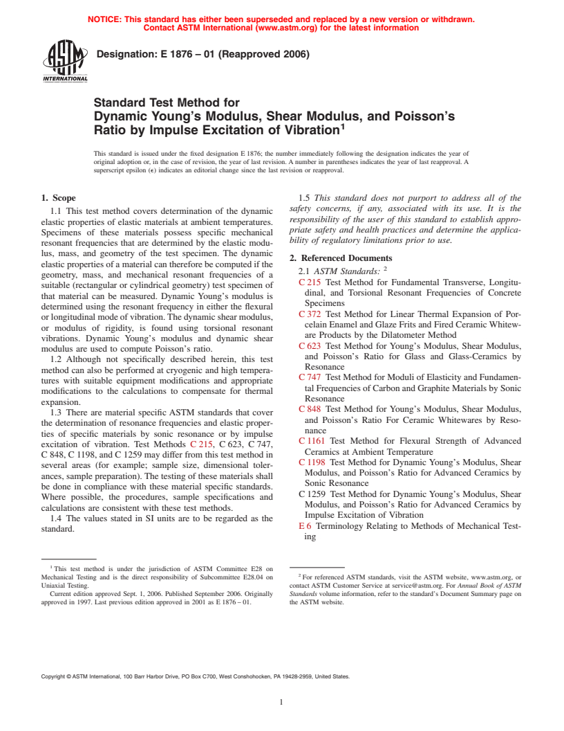 ASTM E1876-01(2006) - Standard Test Method for Dynamic Young's Modulus, Shear Modulus, and Poisson's Ratio by Impulse Excitation of Vibration