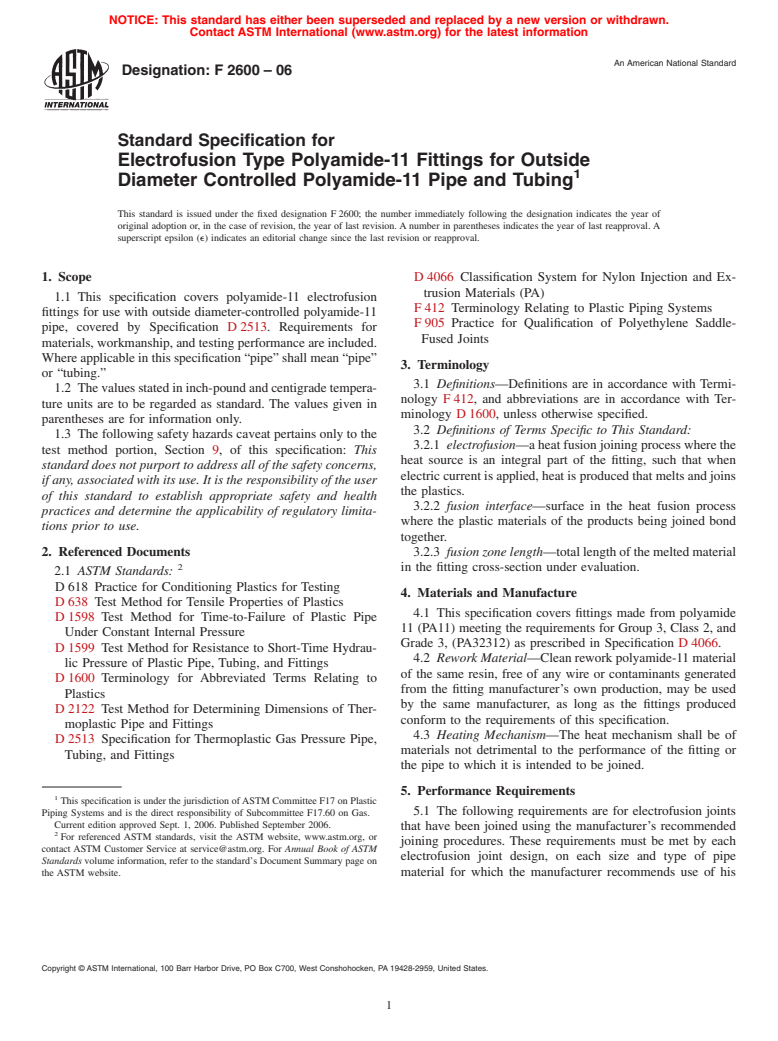 ASTM F2600-06 - Standard Specification for Electrofusion Type Polyamide-11 Fittings for Outside Diameter Controlled Polyamide-11 Pipe and Tubing