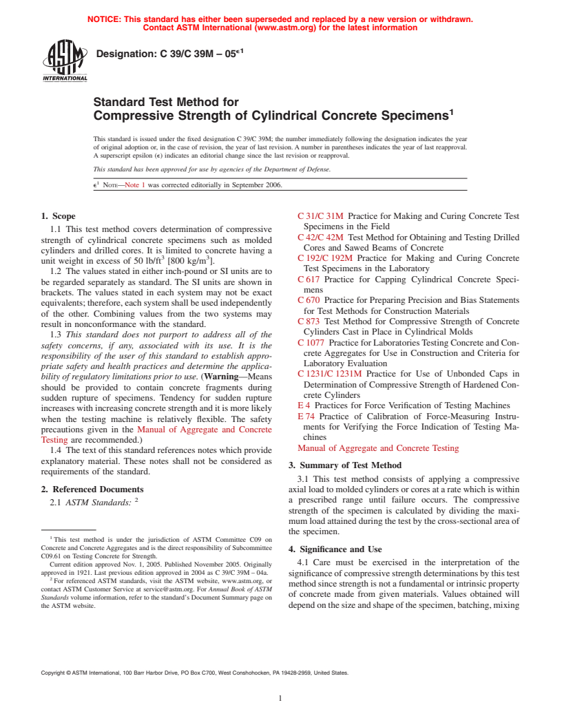 ASTM C39/C39M-05e1 - Standard Test Method for Compressive Strength of Cylindrical Concrete Specimens