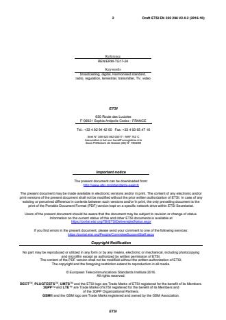 SIST EN 302 296 V2.1.1:2017 ETSI EN 302 296 V2.0.2 (2016-10) - Digital Terrestrial TV Transmitters; Harmonised Standard covering the essential requirements of article 3.2 of Directive 2014/53/EU - Page 2 preview