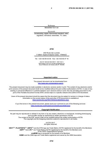 SIST EN 302 296 V2.1.1:2017 ETSI EN 302 296 V2.1.1 (2017-06) - Digital Terrestrial TV Transmitters; Harmonised Standard covering the essential requirements of article 3.2 of Directive 2014/53/EU - Page 2 preview