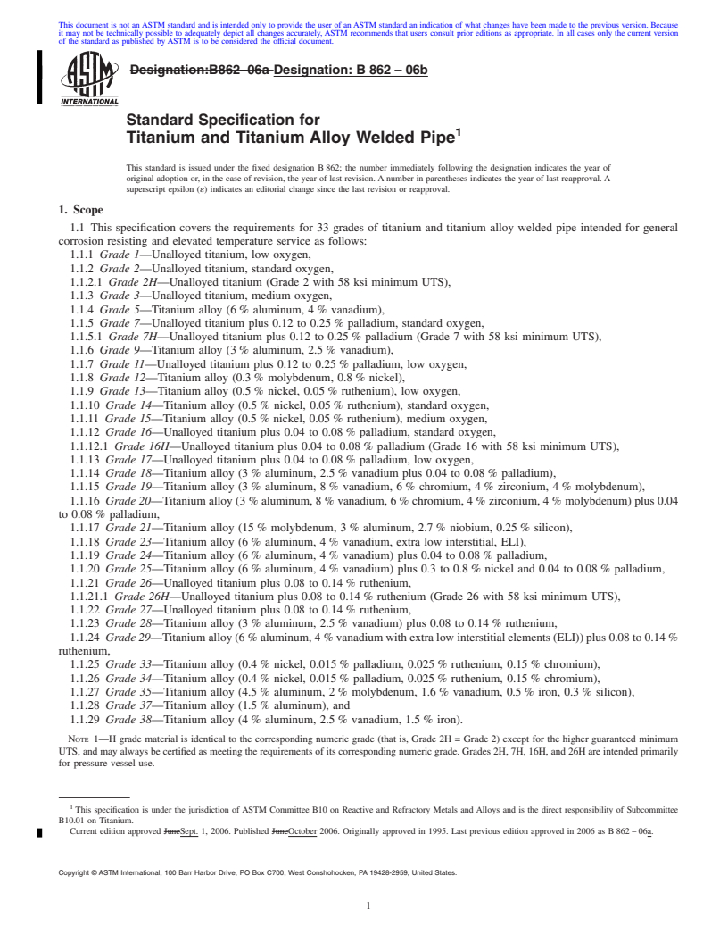 REDLINE ASTM B862-06b - Standard Specification for Titanium and Titanium Alloy Welded Pipe
