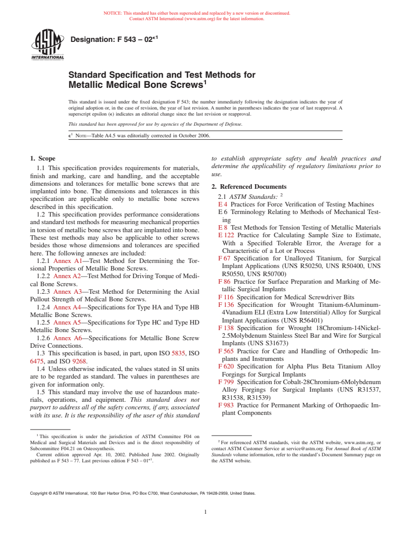 ASTM F543-02e1 - Standard Specification and Test Methods for Metallic Medical Bone Screws