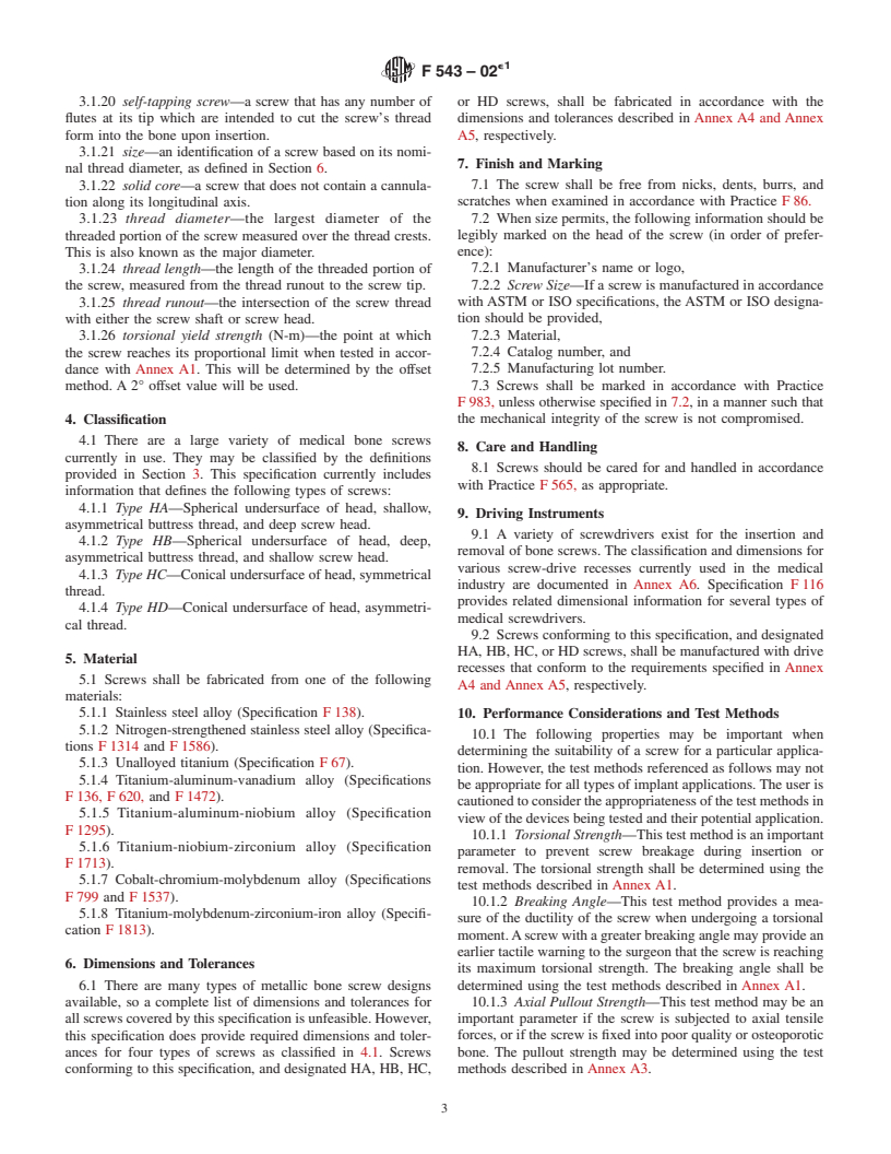 ASTM F543-02e1 - Standard Specification and Test Methods for Metallic Medical Bone Screws