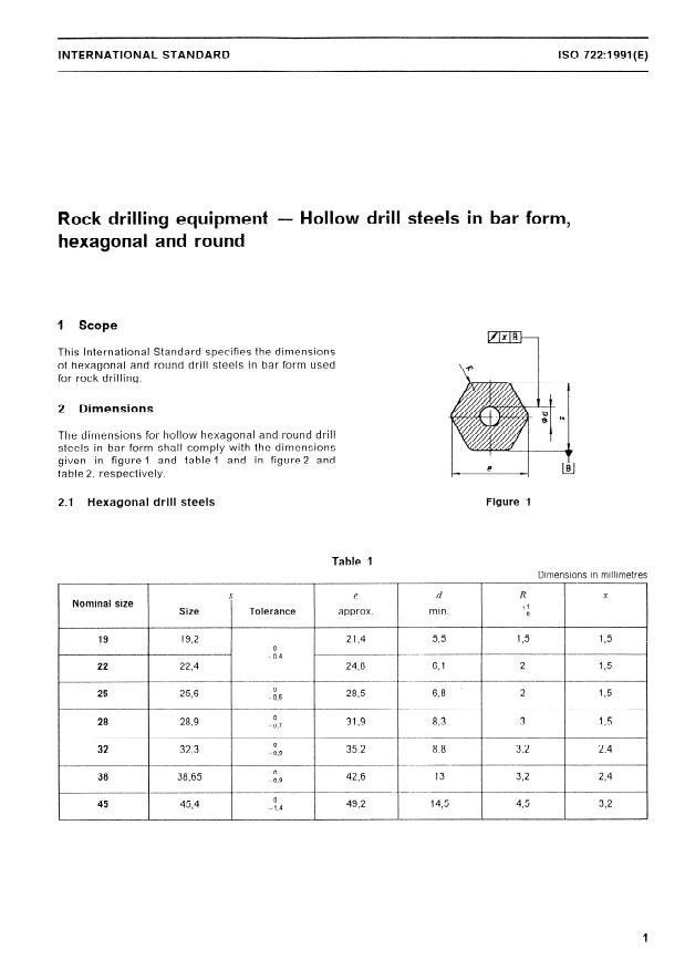 ISO 722:1991 - Rock drilling equipment -- Hollow drill steels in bar form, hexagonal and round