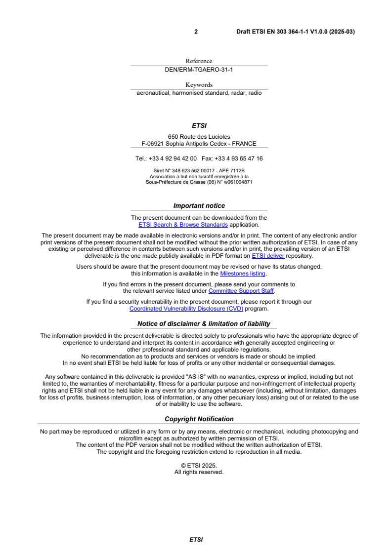SIST EN 303 364-1-1 V1.1.1:2025 ETSI EN 303 364-1-1 V1.0.0 (2025-03) - Primary Surveillance Radar (PSR); Harmonised Standard for access to radio spectrum; Part 1: Air Traffic Control (ATC) PSR sensors operating in the frequency band 1 215 MHz to 1 400 MHz (L band); Sub-part 1: radar systems using reflector antennas - Page 2 preview